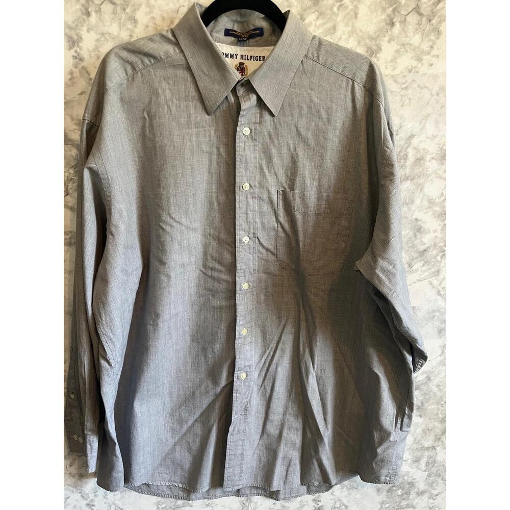 Tommy Hilfiger Men's Plaid Dress‎ Shirt 17.5 34/35 Gray Button-Up
